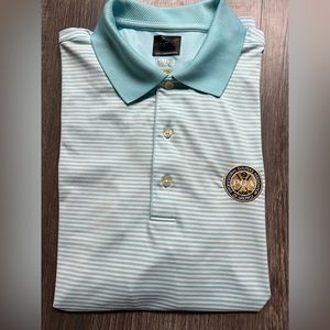 Light blue pinstripe Greg Norman ML75 golf polo
